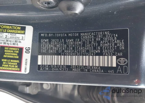 2014 Toyota Corolla Le from USA, damaged, VIN 2T1BURHE9EC115047